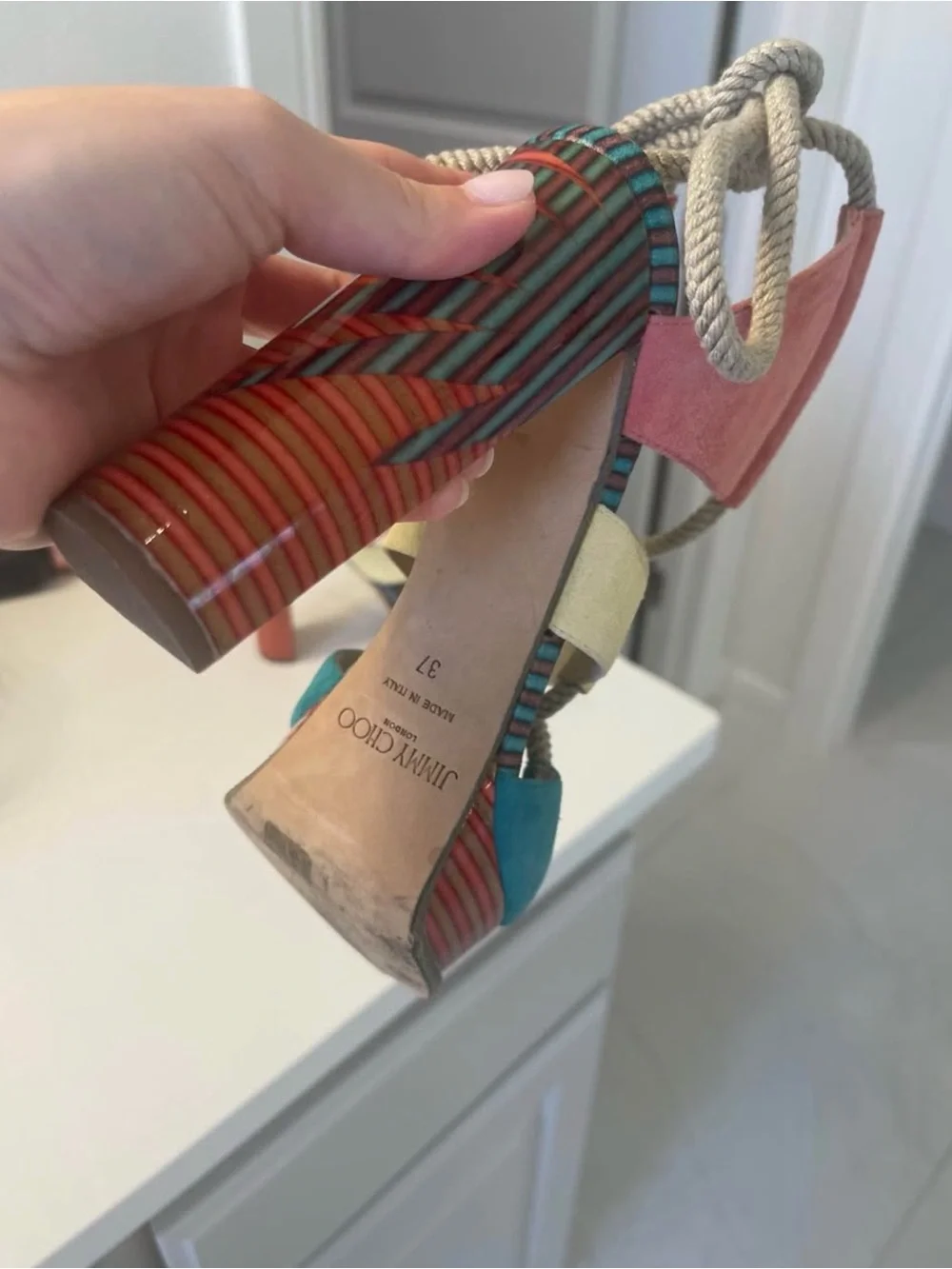 Jimmy Choo Multicolor Suede Platform Heel in Coral, Teal & Yellow